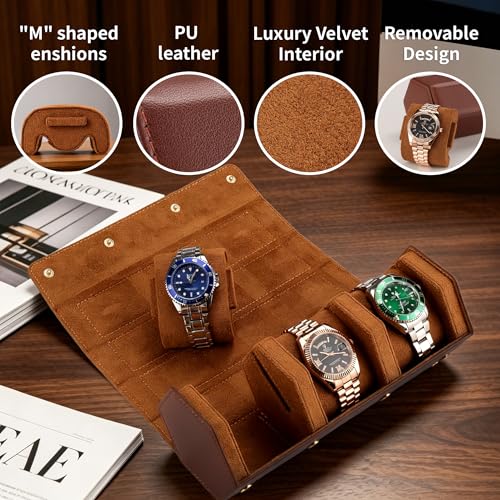 Leather Watch Roll for 2 Watches - Velvet-Lined Travel Case, Luxury Watch Rolls Organizer with Storage & Display for Men (3 Slot-Brown) - color: 3 Slot-Brown