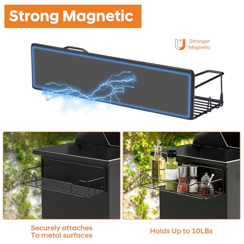Detukna Magnetic Grill Caddy with Storage Bins, BBQ Tool Organizer with Paper Towel Holder and Hooks, Metal Shelf for Pellet Grill Accessories, Outdoor Smoker Storage Rack