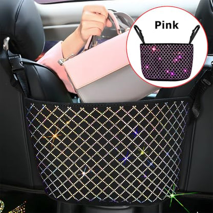 zipelo Bling Car Net Pocket Handbag Holder, Rhinestone Vehicle Backseat Purse Organizer Between Seats, Diamond Hanging Storage Bag Barrier of Pet Kids, Universal Automotive Accessories (Pink) - color: Pink