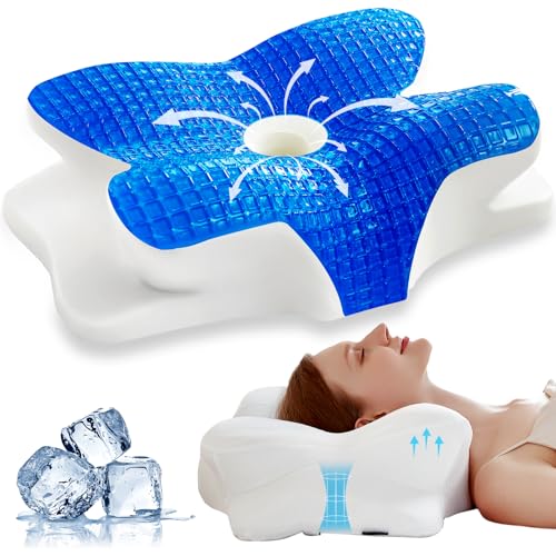 EUCIOR Cooling Gel Pillows for Neck and Shoulder,Cervical Pillow Cozy Sleeping,Odorless Ergonomic Contour Memory Foam Pillows for Side Back Stomach Sleepers with Pillowcase (White) - color: White