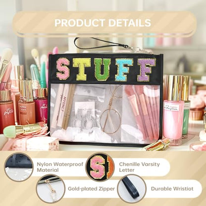 Siwara Snack Bags Clear Pouch Travel Makeup Bag Chenille Letter Bags for Zipper Pouch Clear Cosmetic Bag Clearly Tote Bag Makeup Travel Bags for Women - color: Black--Stuff