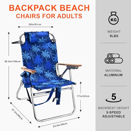 Backpack Beach Chairs for Adults Capacity 300 LBS high 5 Position Beach Chair with Pouch Straps Folding Lightweight Reclining Aluminum Wide Lay Flat Single - color: 17in Wood Blue Leaves 1 Pack