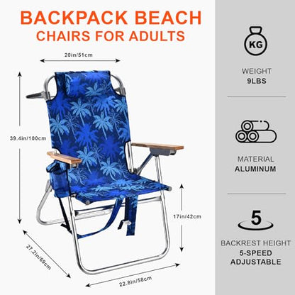 Backpack Beach Chairs for Adults Capacity 300 LBS high 5 Position Beach Chair with Pouch Straps Folding Lightweight Reclining Aluminum Wide Lay Flat Single - color: 17in Wood Blue Leaves 1 Pack