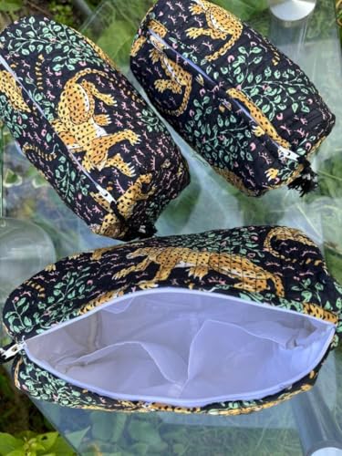 YILLE Set of 3 Pieces Block Printed Travel Organizer Kit Storage Bag for Women Makeup Bag Travel Cosmetic Bag (Black Cheetah) - color: Black Cheetah