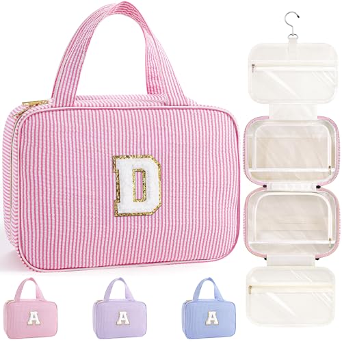 TOPEAST Travel Toiletry Bag for Women - Hanging Toiletry Bag, Large Capacity Personalized Makeup Pouch, Travel Essentials - Letter D, Pink - color: Pink, style: D