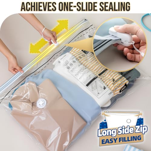 TAILI 6 Pack Vacuum Storage Bags, LONG SIDE ZIP (3 Large+3 Jumbo), Multi-Size Vacuum Seal Bags for Clothing, Storage Bulky Beddings, Comforters and Clothes, Space Saver for Closet Organization - size: 6 Combo