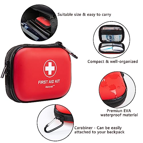 Mini First Aid Kit - 120 Piece Small Waterproof Hard Shell Medical Kit for Car, Home, Office, Travel, Camping, Sports, Outdoor, School - Emergency First Aid Supplies and Survival Kit (Red) - color: Red