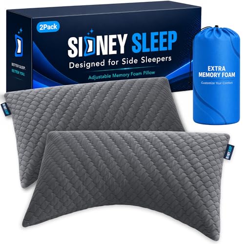 Sidney Sleep Set of 2 Queen Size Bed Pillows for Side and Back Sleepers - Adjustable Filling - Memory Foam Pillows for Neck and Shoulder Pain - Customizable Loft - Extra Foam Included (Grey) - color: Grey, size: Queen (Pack of 2)