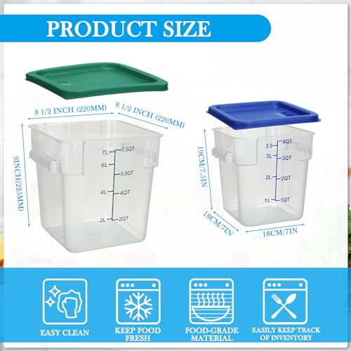 Lallisa 4 Pcs 8qt & 4qt Clear Food Storage Containers with Lids Handles and Scales, Stackable Plastic Square Food Storage Containers for Dough Proofing Baking Kitchen Restaurant(Blue, Green) - color: Blue, Green