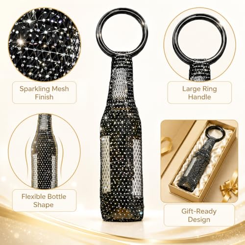 Wine Pouch Mesh Bag, Resin Handle Wine Bag, Sparkly Rhinestone Handwoven Mesh Bags, Party Water Bottle Bags Accessory, Daily Housewarming Party Use (Black) - color: Black