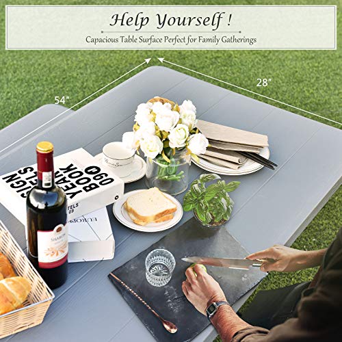 Giantex Picnic Table Bench Set Outdoor Camping All Weather Metal Base Wood-Like Texture Backyard Poolside Dining Party Garden Patio Lawn Deck Furniture Large Camping Picnic Tables for Adult (Gray) - color: Grey