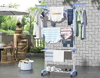 HOMIDEC Clothes Drying Rack, Large 4-Tier Foldable Drying Rack Clothing (67.7H x 19.7W x 30L Inches), Movable with 4 Castors. Multifunctional Stainless Steel Laundry Drying Rack, Blue - color: Blue