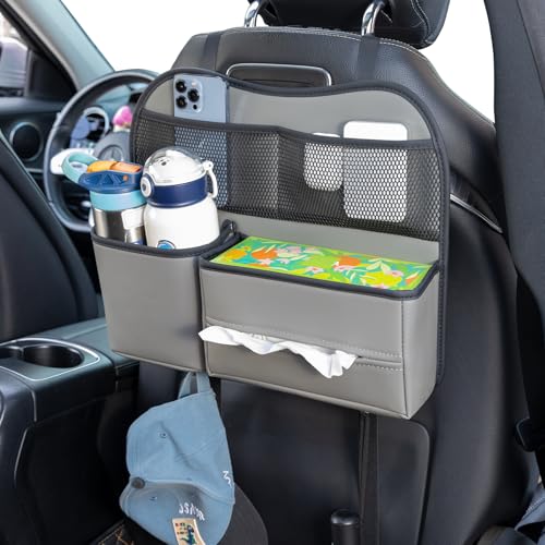 Leather Car Seat Back Organizer with Tissue Holder, Water Bottle Holder, Phone Holder for Road Trips. (Gray) - color: Gray