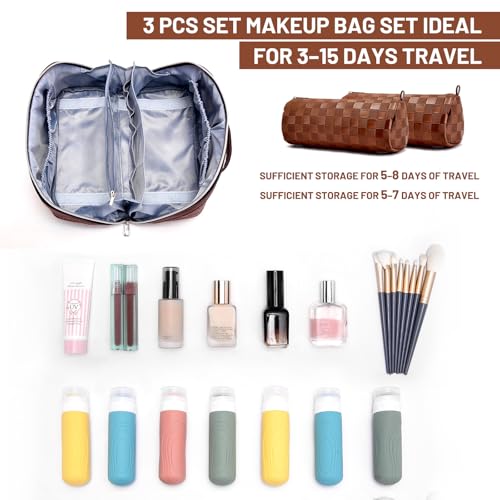 BOYATU Travel Makeup Bag Organizer: 3 Pcs Set Large Capacity Cosmetic Bags Holds 10–20 100ml Full-Size Bottles - 180°Open-Flat Make up Case 3-sec touch-up - Toiletry Bag Gift women (03-A-Coffee) - color: 01-F-Coffee