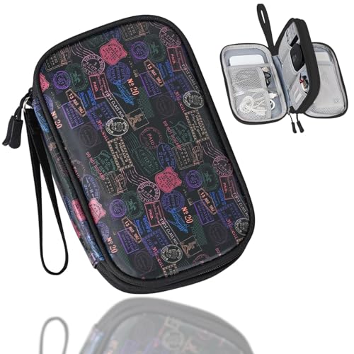 COSHAYSOO Unique Useful Travel Birthday Gifts for Women Travelers, Electronics Cord Cable Organizer Bag Case Tech Pouch Traveling Vacation Cruise Airplane Gadgets Essentials Organization, Vintage - color: Black-Stamps
