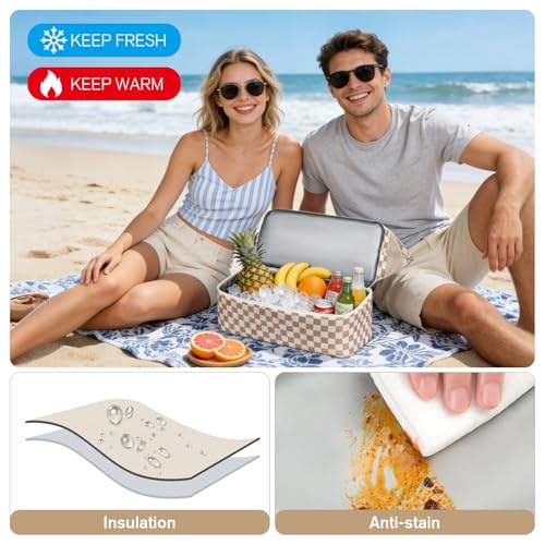 WOOMADA Beach Tote Bag With Cooler, Large Mesh Beach Bags for Women with Wet Pocket, Pool, Swim, Travel Essentials - color: Brown Checkerboard