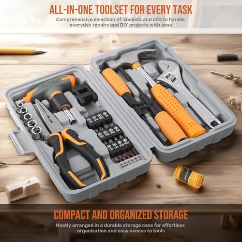 Hi-Spec 30pc Magnetic T-Handle Ratchet Wrench and Screwdriver Set. Small Compact Hand Tool Kit Set with Sockets for Home & Car & Office. Toolkit Starter Repairs in a Portable Tool Box Case - color: Yellow