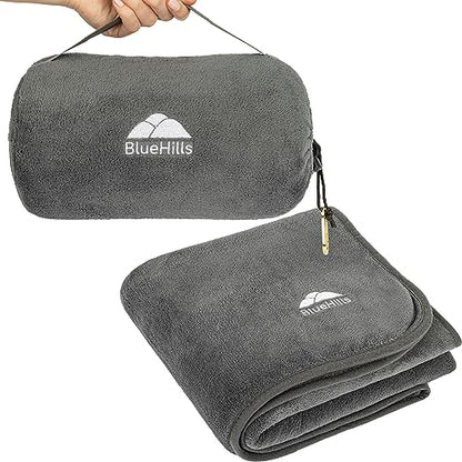 BlueHills Travel Blanket Pillow Rolled Premium Soft Plush Airplane Throw Traveling Essentials Compact in a Bag 70 X 48 inches for Long Plane Flight Portable Lightweight Grey Gray R01 - color: R01-gray
