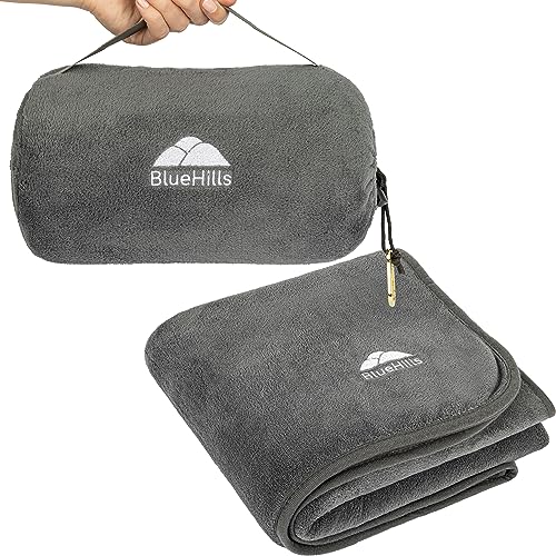 BlueHills Travel Blanket Pillow Rolled Premium Soft Plush Airplane Throw Traveling Essentials Compact in a Bag 70 X 48 inches for Long Plane Flight Portable Lightweight Grey Gray R01 - color: R01-gray