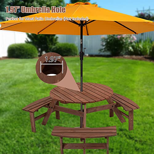 6 Person Circular Outdoor Wooden Picnic Table Sets for Patio Backyard Garden DIY w/ 3 Built-in Benches 1720lb Capacity,Brown - color: Brown-6-round