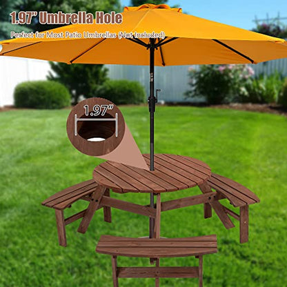 6 Person Circular Outdoor Wooden Picnic Table Sets for Patio Backyard Garden DIY w/ 3 Built-in Benches 1720lb Capacity,Brown - color: Brown-6-round