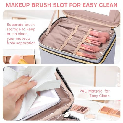 HXLGMD Large Makeup Bag with Mirror Double Layer Travel Make Up Organizer Case, Large Capacity Coemetic with Brush Slot Divider, Travel Toiletry Bag for Women (Grey) - color: Grey