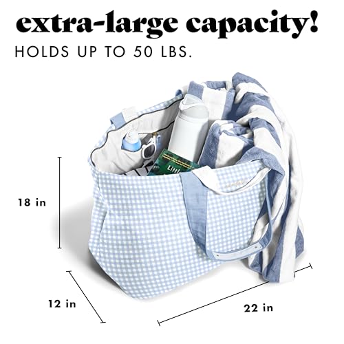 Fit & Fresh XL Beach Tote Bag for Women – XL Travel Tote with Zipper & Pockets, Oversized Canvas Pool Bag, Weekender Carry-On - color: Blue Gingham