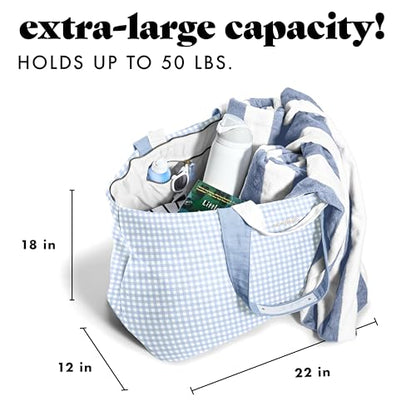Fit & Fresh XL Beach Tote Bag for Women – XL Travel Tote with Zipper & Pockets, Oversized Canvas Pool Bag, Weekender Carry-On - color: Blue Gingham