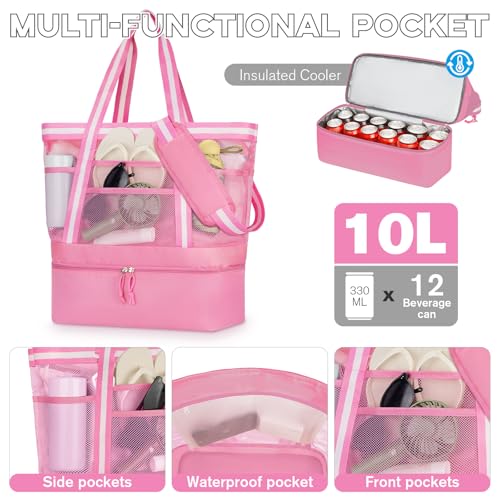WOOMADA Beach Tote Bag With Cooler, Large Mesh Beach Bags for Women with Wet Pocket, Pool, Swim, Travel Essentials - color: Hot Pink White