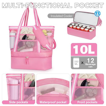WOOMADA Beach Tote Bag With Cooler, Large Mesh Beach Bags for Women with Wet Pocket, Pool, Swim, Travel Essentials - color: Hot Pink White