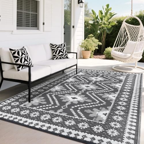 GarveeHome Outdoor Rug Waterproof 9x12 Reversible Outdoor Plastic Straw Rug Vintage Geometric Patio Rug Indoor Outdoor Carpet RV Mat for Deck Backyard Patio RV Camping Beach, Grey and White - color: Border Grey/White, size: 9' x 12' (Rectangular)