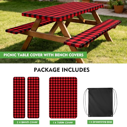 Picnic Table Cover with Bench Covers, Fitted 6ft Waterproof Tablecloth Set for Outdoor Camping & RV - Includes 1 Table Cover & 2 Bench Covers with Drawstring Storage Bag, 30"x72", Red Black Grid - color: Red Black Grid