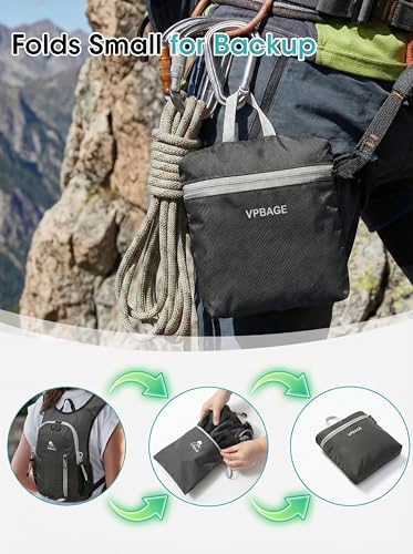 Foldable Small Hiking Backpack with 3 Strap Pockets – Lightweight 300D Spill-proof Daypack for Men Women – Packable Small Travel Backpack with Chest Strap & Trekking Pole Holder – Durable Outdoor Bag - color: Black