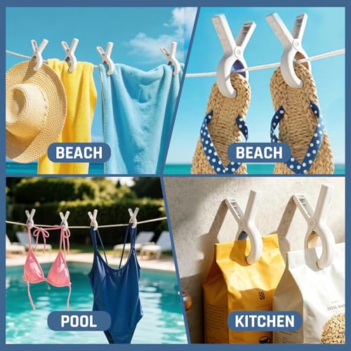 Extra Large Beach Towel Clips 8 Pack - 5.1 Inch Towel Clips for Beach Chairs Cruise Pool Boat Must Haves - Vacation Summer Essentials - Heavy Duty Clothespins for Thick Clothes, Khaki and Blue
