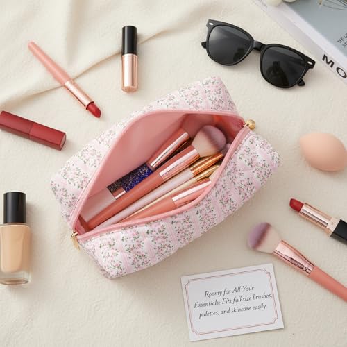 Floral Flowers Toiletry Organizer Makeup, Cute Floral Cotton Makeup Brush Cosmetic Bag Flowers Toiletry Organizer Case Cute Quilted Cotton Pouch for Women (Pink)