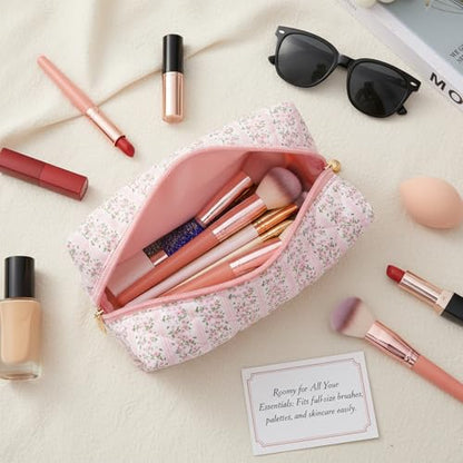 Floral Flowers Toiletry Organizer Makeup, Cute Floral Cotton Makeup Brush Cosmetic Bag Flowers Toiletry Organizer Case Cute Quilted Cotton Pouch for Women (Pink)