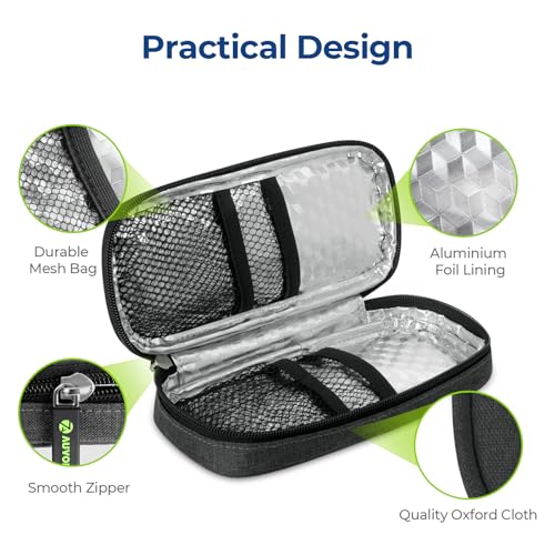 AUVON Insulin Cooler Travel Case with 2 x 90g TSA Approved Ice Packs, Diabetic Medication Insulated Cooling Bag for Insulin Pens and Diabetic Supplies Storage, Compact for Daily Life and Trips - color: Black