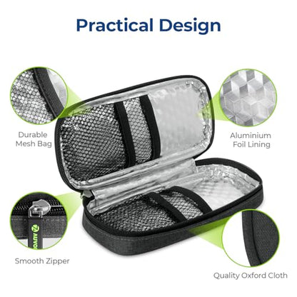 AUVON Insulin Cooler Travel Case with 2 x 90g TSA Approved Ice Packs, Diabetic Medication Insulated Cooling Bag for Insulin Pens and Diabetic Supplies Storage, Compact for Daily Life and Trips - color: Black