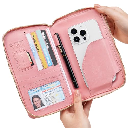 GOIACII Passport Wallet Travel Crossbody Bags for Women Wristlet Phone Purse Double Zip Vegan Leather Pink - color: A04 Pink