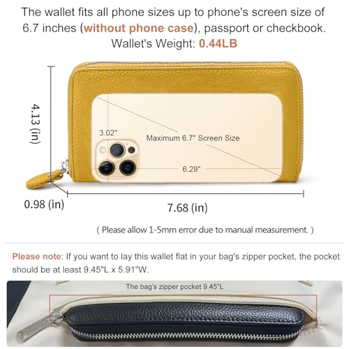 Moflycom Womens Wallet RFID Blocking Genuine Leather Zip Around Wallet Clutch Wristlet Travel Long Purse for Women - color: Yellow