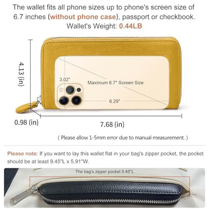 Moflycom Womens Wallet RFID Blocking Genuine Leather Zip Around Wallet Clutch Wristlet Travel Long Purse for Women - color: Yellow