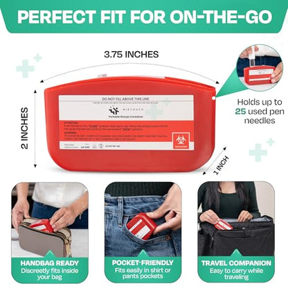 PocketSharps - Pocket-Size Travel Sharps Container for Pen Needles, Lancets, Strips - Premium Quality, Flat Bottom, Translucent Lid, Easy-Use, Portable Eject & Disposal Sharps Container - 3 Pack