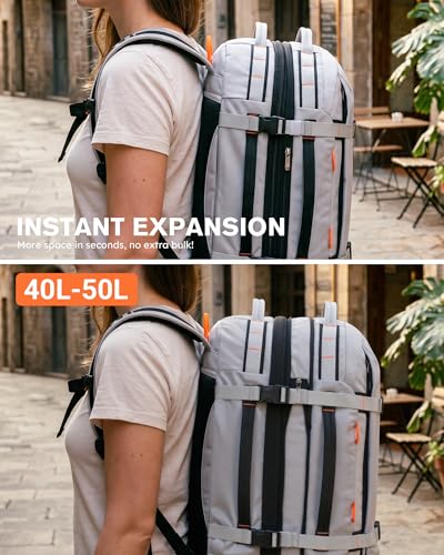 Tolaccea Travel Laptop Backpack for Men Women, 40L-50L Expandable Carry On Backpack with Wet Dry Compartment, TSA Approved Daypack Fits 16 Inch Laptop, Convertible Rucksack Duffel Bag for Work Travel - color: Light Gray