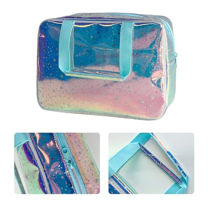 Holographic Blue Clear Star Large Cosmetic Bag and TPU Travel Pouch with Handle,Durable Material,Zipper Design-Ideal for Makeup,Travel Essentials (Holographic Blue+Stars) - color: Holographic Blue+stars