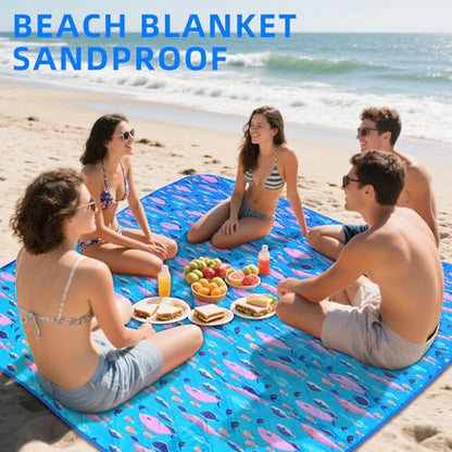Picnic Blanket, 80x80 Inches, White Fish Pattern, Double Thickened with 150g Cotton, Portable Foldable with Leather Carry Strap - color: Blue Fish, size: 80"x80"