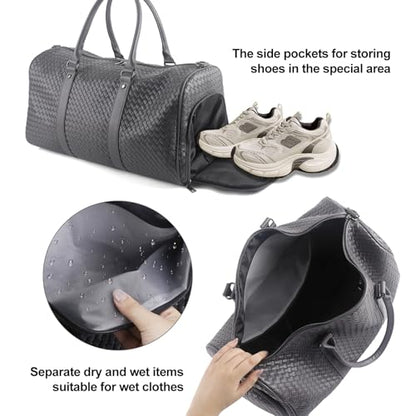 Weekender Bags for Women Woven Leather Travel Duffle Bag with Shoe Compartment, Carry On Garment Bag for Men Women, Large Capacity Water-resistant Gym Tote (Gray) - color: Gray