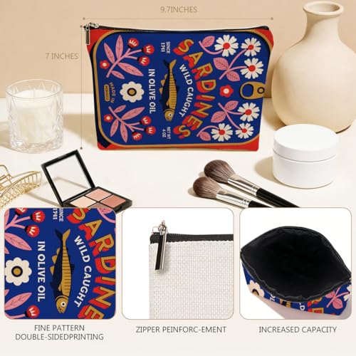 Vintage Sardine Makeup Bag for Women, Fish Canvas Cosmetic Makeup Pouches with Zipper Travel Makeup Cosmetic Bags, Sardine Olive Oil Toiletry Organizer Pouch Birthday Gifts - color: Multicolor 0010