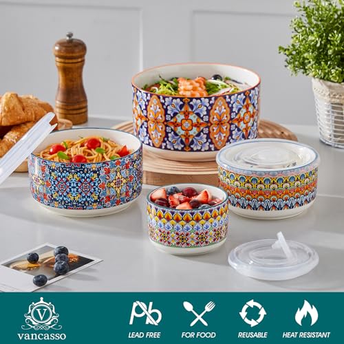 vancasso Serving Bowls with Lids Set of 4, Ceramic Nesting Mixing Bowls for Food Storage, Prep and Stackable, Dishwasher & Microwave Safe Gift Set, 60/36/20/10 OZ, Series SIMI - size: 60/36/20/10 OZ (Set of 4)