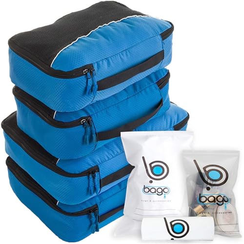 Bago Packing Cubes for Suitcases - 7Pcs Luggage & Suitcase Organiser Bags Set - Compression Packing Cubes for Travel Accessories Essentials - 4 Cubes plus 3 Sealed ZipBags (Blue), Blue, 4pcs Set, - color: Blue, size: 4pcs Set