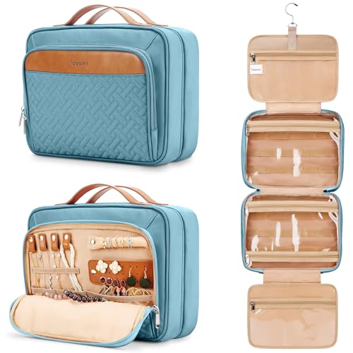 COOSKY Travel Hanging Toiletry Bag for Women, Cruise Ship Essentials, with Jewelry Organizer, Extra Large Makeup Dopp Kit, Waterproof Cosmetic Bags, Toiletries Kit Set with Trolley Belt, Sky Blue - color: Sky Blue, size: Large